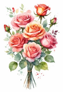 Watercolor bouquet of roses. Hand painted illustration isolated on white background.