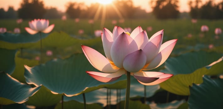 Lotus flower blooming in the pond at sunset, Thailand