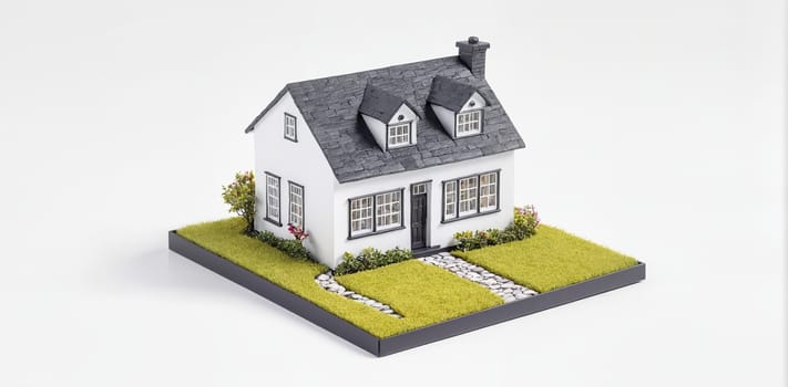 3D model of a house on a white background with a shadow.