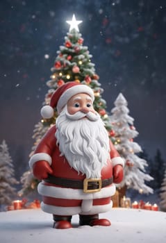 Santa Claus, with his signature red hat and white beard, stands next to a beautifully decorated Christmas tree in the snowy winter landscape