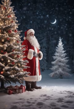 Santa Claus, with his white beard and red sleeve standing in the snow in front of a Christmas tree, embodies the holiday spirit with his iconic image
