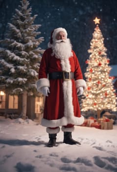 Santa Claus, with his white beard and red sleeve standing in the snow in front of a Christmas tree, embodies the holiday spirit with his iconic image