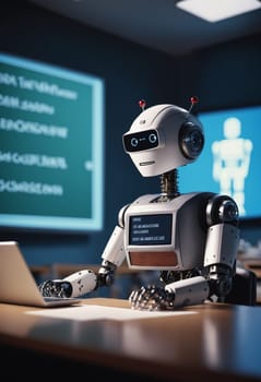 A robot is sitting at a desk in a classroom, equipped with a display device and audio equipment. It is wearing personal protective equipment, resembling a fictional character, engaging in recreation