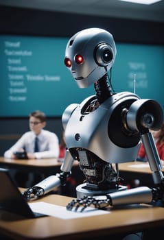 A robot is sitting at a desk in a classroom, equipped with a display device and audio equipment. It is wearing personal protective equipment, resembling a fictional character, engaging in recreation