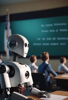 A man is conversing with a robot while seated at a table. The interaction involves office equipment, engineering, and a display device