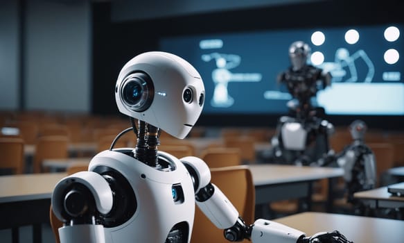 A machine equipped with audio equipment and a display device is sitting at a table in a classroom, resembling a fictional character from a science fiction event