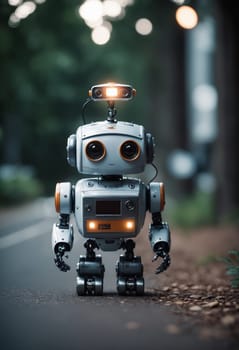 A toy robot with headphones is standing on a dark street. The small machine looks like a fictional character or action figure, with automotive lighting creating a pattern around it