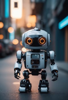 A fictional character robot, made of metal and electric blue in color, is standing on a city street at night. It looks like a toy from a science fiction movie