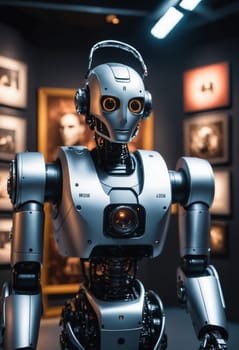 A robot with headphones is standing in a dimly lit room. Made of metal and composite materials, it embodies a mix of engineering and art in a scifi setting