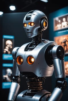 A fictional character robot made of metal, wearing personal protective equipment with yellow eyes, stands in a dark room featuring automotive design and advanced audio equipment