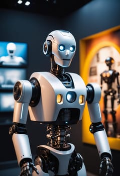 An electric blue robot, resembling C3PO from Star Wars, stands among other metal robots in an engineering room. They are like action figures brought to life through art