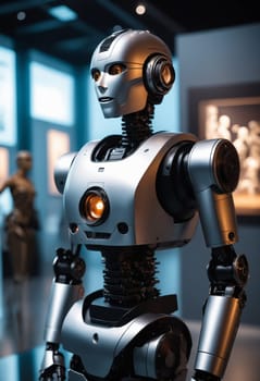 An electric blue robot, resembling C3PO from Star Wars, stands among other metal robots in an engineering room. They are like action figures brought to life through art