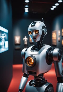 A robot, made of composite material and metal, stands in a museum wearing personal protective equipment. It is looking at a screen displaying an electric blue fictional character collectible event