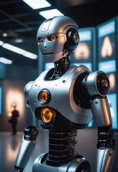 A robot, a fictional character made of metal composite materials, is standing in a dark room, balancing perfectly while looking at the camera