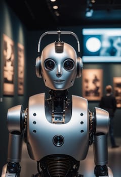 Close up of a collectable metal robot in electric blue color wearing headphones inside a museum. The fictional character looks striking against the darkness