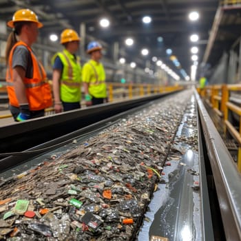 Group of workers in high visibility gear inspecting a conveyor belt laden with recyclable waste