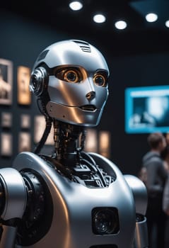 An automotive design robot resembling C3PO is depicted in a close up photo, wearing headphones. This fictional character showcases the fusion of machine and audio equipment