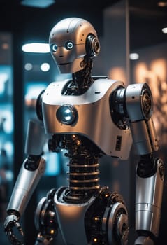 An automotive design robot resembling C3PO is depicted in a close up photo, wearing headphones. This fictional character showcases the fusion of machine and audio equipment