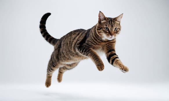 A Felidae carnivore, the cat with whiskers and fur is jumping in the air on a white background. A small to mediumsized terrestrial animal, with a tail, part of the wildlife