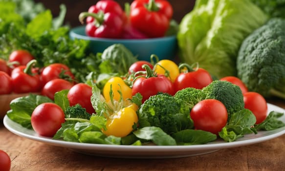 A variety of vegetables, including plum tomatoes, cherry tomatoes, and leaf vegetables, are laid out on the cutting board. These natural foods are key ingredients in a delicious recipe
