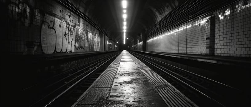 Striking monochromatic view of a subway track with artistic graffiti on the tiles