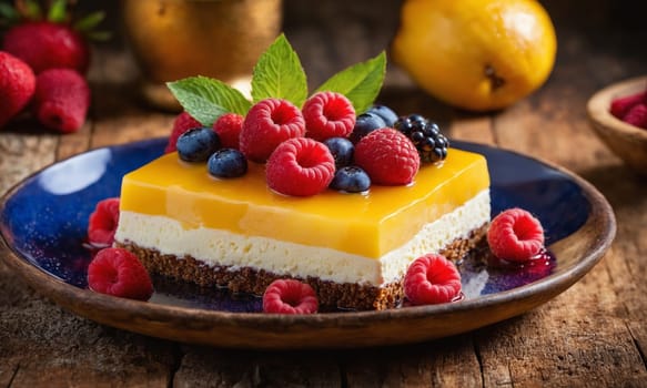 A superfood dessert made with raspberries, blueberries, and pineapple served on a blue plate on a wooden table. This dish is bursting with natural ingredients and flavors
