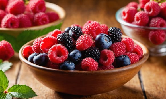 Close-up view of vibrant raspberries and blueberries full of texture and color.