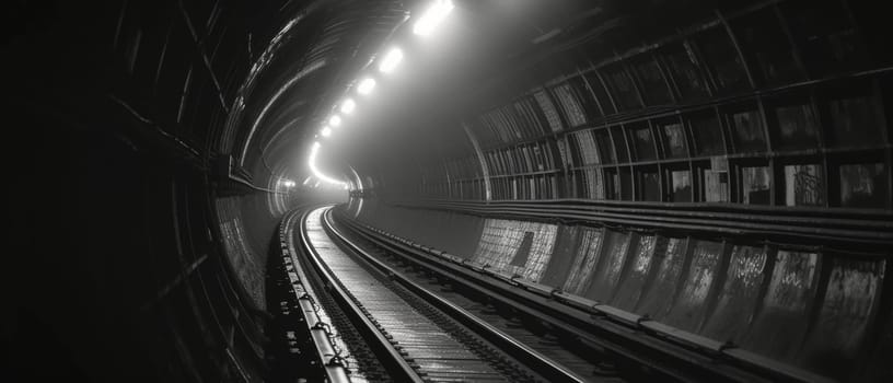 A stark black and white image capturing the depth of a subway tunnel, lit by a string of overhead lights