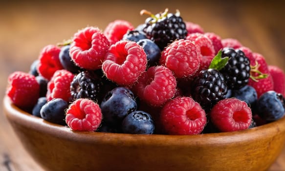 A wooden bowl filled with a mix of raspberries, blueberries, and blackberries, delicious natural foods ready to be used as ingredients in a boysenberry or olallieberry recipe