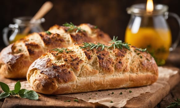 A staple food item, a loaf of bread is placed on a wooden cutting board. This food ingredient is essential in many recipes and is a popular baked goods item