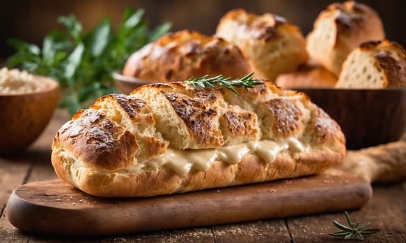 Artisan loaves rich with butter and rosemary, topped with tomato and herbs.
