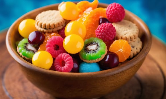 A wooden bowl filled with a variety of fruits and cookies placed on a table, showcasing a mix of natural foods and baked goods for a delicious dessert