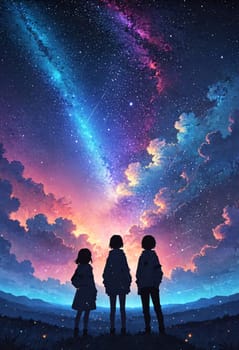 Three individuals enjoy stargazing under the electric blue sky, mesmerized by astronomical objects amidst the tranquil landscape at dusk on the horizon