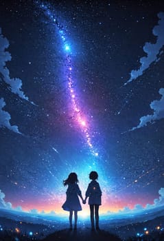 Two young people sharing a romantic moment, holding hands under the vast starry sky. The atmosphere is filled with love and happiness, surrounded by the beauty of nature