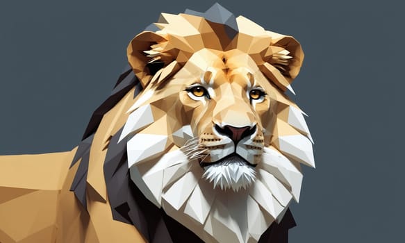 A low poly illustration of a lion, a member of the Felidae family and one of the Big cats. The artwork features detailed Whiskers, a Snout, and a Terrestrial animal on a gray background