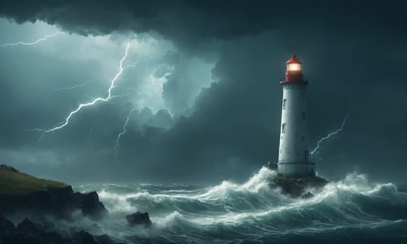 A beacon of light from a lighthouse illuminates the dark stormy waters, while clouds dance across the sky. An artful scene in the dynamic ocean landscape amid howling winds
