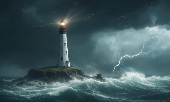 A lighthouse on a tiny island in the midst of a stormy ocean, surrounded by turbulent waters and dark clouds in the atmospheric sky