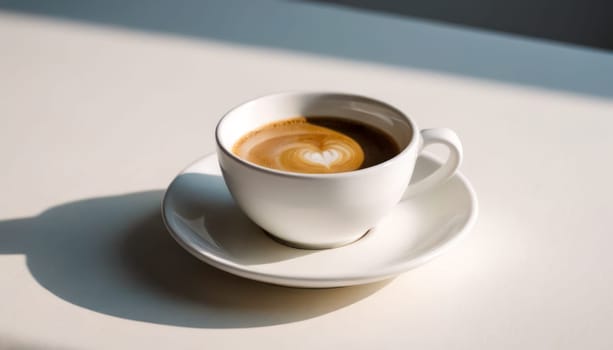 A hot cup of coffee on a saucer, set against a white background, casting a subtle shadow