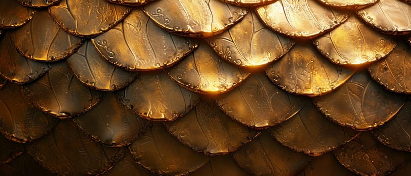 Luxurious golden fish scales with a textured surface, reflecting light and luxury