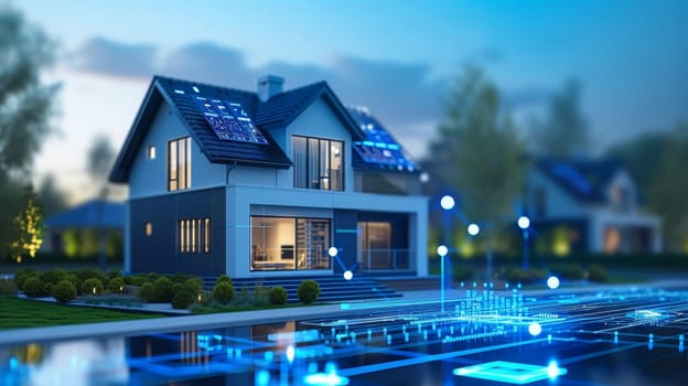 Illustration of a smart home with digital interface and solar panels at dusk