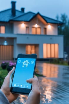 Hand holding smartphone with augmented reality interface overlaying smart home control graphics on a house background in twilight