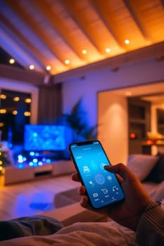 Person using smartphone to control smart home lights with Christmas tree background