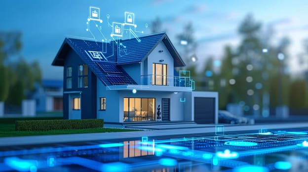 Digital blueprint overlay of security features on a suburban home during twilight