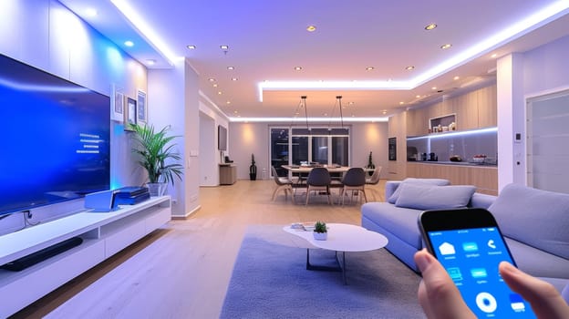 Modern living room with a person controlling rooms lighting using a smartphone