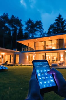 Hand holding smartphone with augmented reality interface overlaying smart home control graphics on a house background in twilight