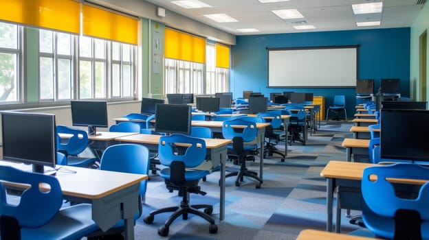 Empty classroom computer lab with vibrant yellow and blue chairs and a whiteboard