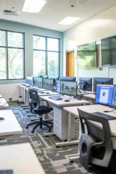 Modern, well-lit computer lab with multiple workstations