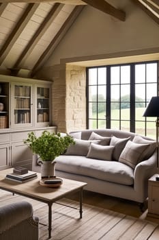 Cottage living room decor, sitting room and interior design, antique furniture, sofa and home decor in English country house and elegant farmhouse style idea