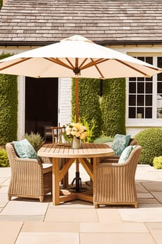 Modern cottage garden furniture, outdoor decor and countryside house patio terrace chairs and table with umbrella, country style, post-processed, generative ai
