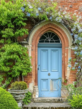 Entrance to a historic manor, framed by antique architectural elements and flanked by potted topiaries, features an aged door, the surrounding ivy and stonework add to the timeless elegance of the property